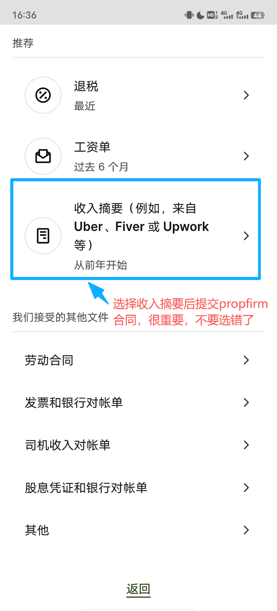 在收入文件类型中选择收入摘要